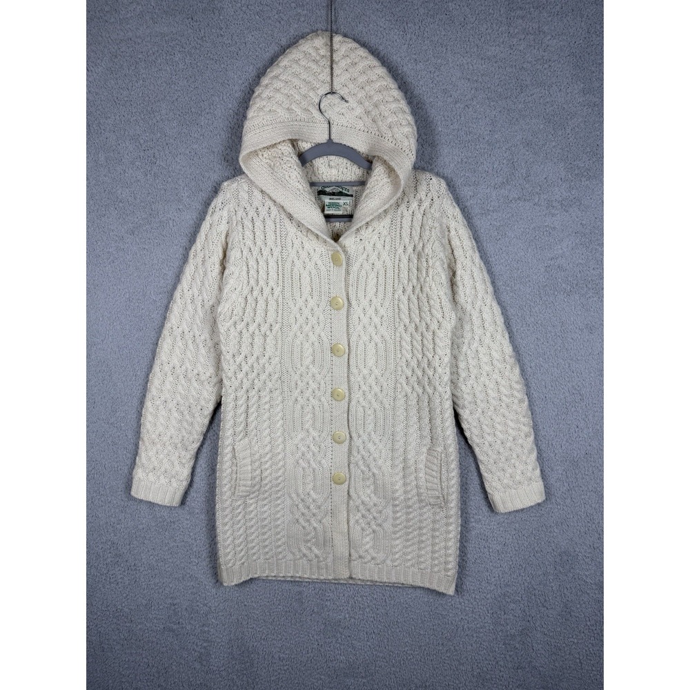 Aran Crafts Sweater Womens XS White 100% Merino Wool Hooded Cable Knit Cardigan